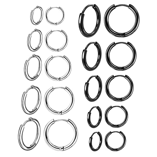 BOUTIQUELOVIN 10 Pairs Stainless Steel Hoop Earrings for Men Small Black Hoop Earrings Set Mens Hypoallergenic Huggie Hoop Earrings