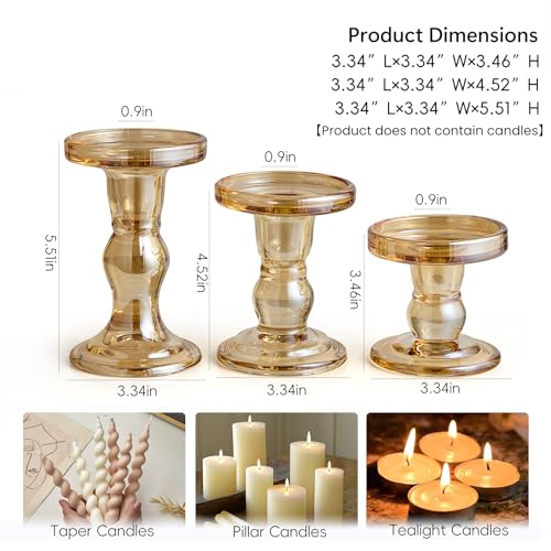 Glass Candlestick Holders for Pillar Candles Set of 3 Amber Taper Candle Holders for Table Centerpiece Candle Stands Decorative Candle Stick Holders for Wedding Party Dinner Holiday Decor Gifts