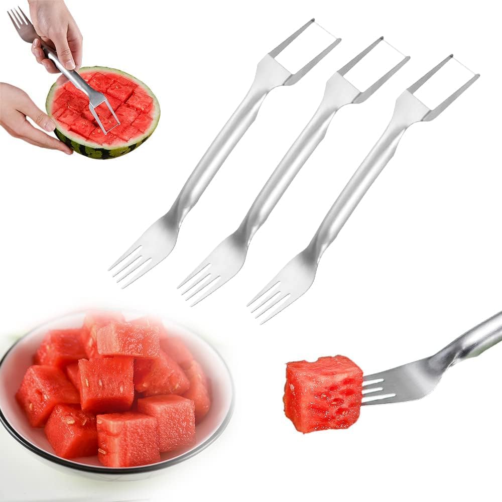 2-in-1 Stainless Steel Fruit Cutter, 2024 New Watermelon Fork Slicer Cutter Slicer Tool, Dual Head Fruit Forks Slicer Knife for Home Parties Camping (3Pcs)