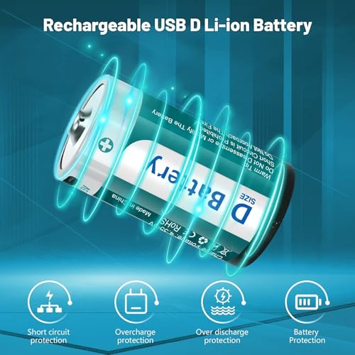 Fitinoch 2 Pack Rechargeable Lithium D Cell Batteries with USB 4 in 1 Charging Cable,1.5V LR20 D Size Battery Replacement for Toys