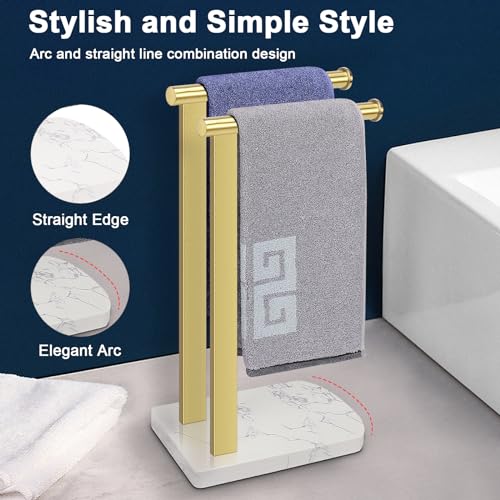 NearMoon Hand Towel Holder with Balanced Marble Base, SUS304 Stainless Steel Stand Towel Ring L Shape Hand Towel Rack Free-Standing Towel Bar for Bathroom Kitchen Countertop (Double Rod, Brushed Gold)