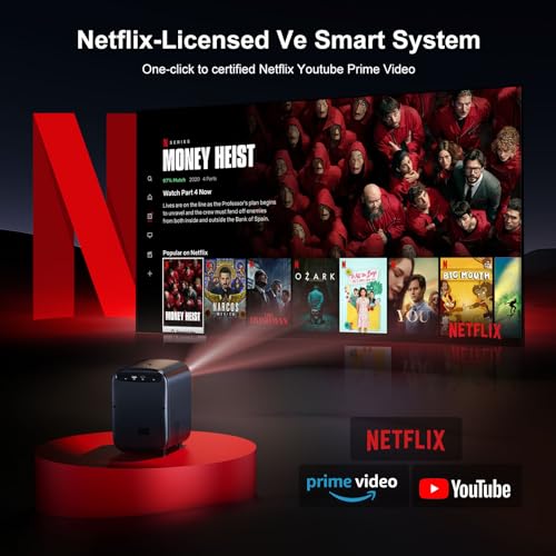 [Netflix-Officially-Licensed]4K Projector with Wifi & Bluetooth, Jimveo 800 ANSI Native 1080P Smart Projector, Netflix/YouTube/PrimeVideo Built-in,Electric Focus&4P Keystone Outdoor Portable Projector