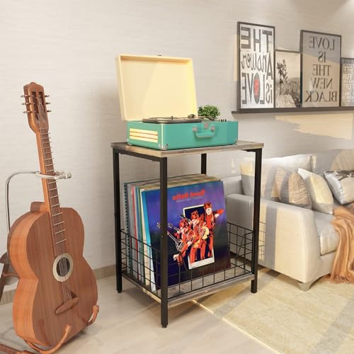 X-cosrack 2-Tier Record Player Table, Industrial Retro Side Table Nightstand Small for Living Room Bedroom Kitchen Office Small Spaces, Record Player Stand with Record Album Storage-Rustic Brown