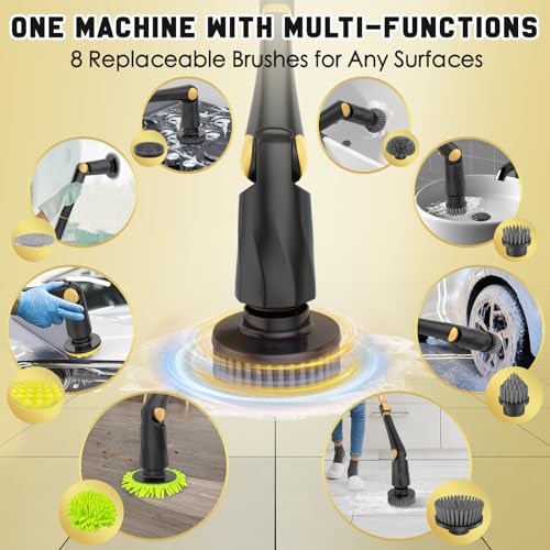 Electric Spin Scrubber Cleaning Brush - Power Shower Scrubber with Long Handle - Cordless Floor Scrubber with 8 Replaceable Brush Heads for Tub Tile Glass Grout