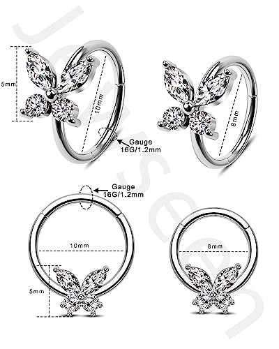 Jewseen 16G Butterfly Septum Ring Nose Ring Hoop CZ Hinged Segment Ring Septum Clicker Cartilage Earring Hoop Helix Piercing Daith Earrings Tragus Piercing Jewelry for Women Men