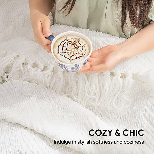 RECYCO Knit Chenille Throw Blanket, Textured Knitted Throw Blankets w/Tassels, Decorative Warm Soft Woven Throw for Couch Bed, Cream White, 50x60 in