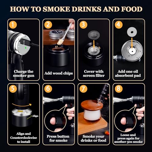 Electric Cocktail Smoker Kit - Rechargeable Whiskey Smoker Kit with Smoking Gun, Old-Fashioned Bourbon Smoker, Cold Smoker, Food Smoke Gun, Smoked Drink infuser, 8 Wood Chips,Butane Not required,Black