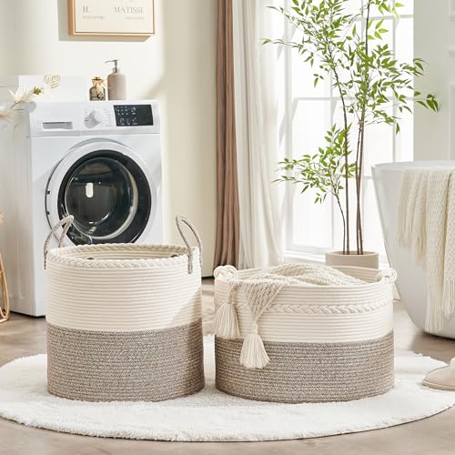 KAKAMAY Large Blanket Basket (20"x13"),Woven Baskets for storage Baby Laundry Hamper, Cotton Rope Blanket Basket for Living Room, Laundry, Nursery, Pillows, Baby Toy chest (White/Beige)