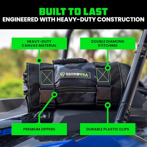Rhino USA Tool Bag Roll - Heavy Duty Canvas Organizer Pouch for Tools - Ultimate Travel Tool Storage Kit for UTV, Car, Truck, 4x4 Offroad - Upgraded with Labeled & Removable Pouches - Secured for Life
