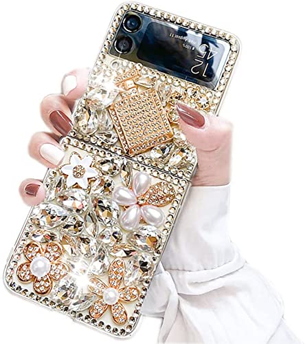 Poowear for Samsung Galaxy Z Flip 4 5G Case,Luxury Bling Diamond Rhinestone Gemstone 3D Perfume Bottle and Flower Gemstone Soft TPU Back Cover Case for Women Girls with Galaxy Z Flip 4 5G (2022)