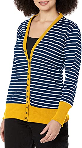 RichCoco Women's Striped Button Down Open Front Long Sleeve Contrast Color Casual Cardigans Sweaters (Mustard, S)