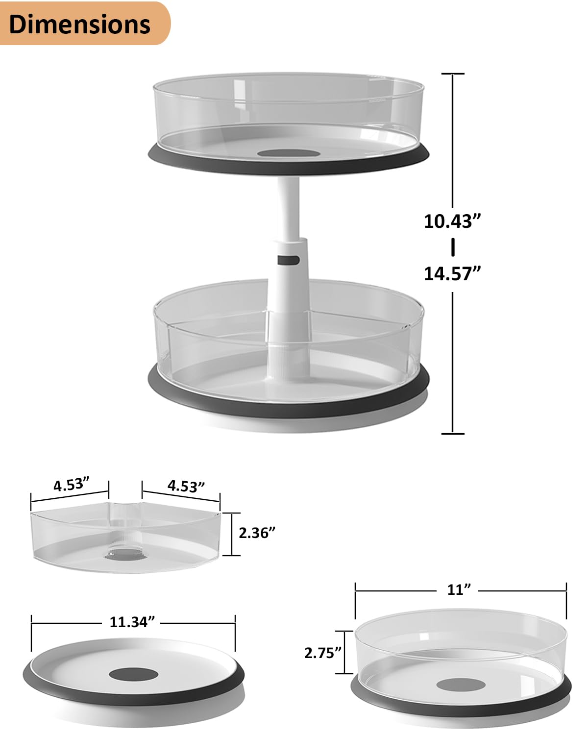 FDWYTY Lazy Susan Organizer, 11 Inch Turntable Spice Rack Organizer with 4 Removal Bins for Kitchen, Pantry, Countertop, Cabinet, Table - Adjustable Height, Non-Skid Base, 2 Tier, 1 Pack