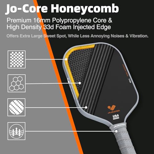 JOJOLEMON Pickleball Paddles, Raw Carbon Fiber Pickleball Paddle with a 16mm Shark Power Polymer Core, The Pickleball Rackets Designed for Ultimate Spin & Consistency