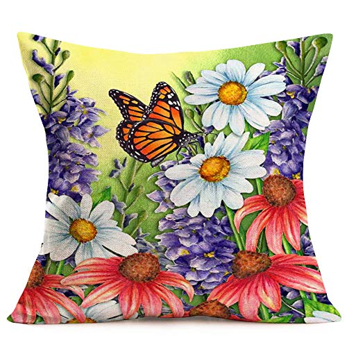 Smilyard Flower Butterfly Throw Pillow Covers Watercolor Daisy Tulip Farmhouse Cushion Cover Cotton Linen Spring Floral Pillow Case Set of 2 18x18 Inch Outdoor Animal Pillowcase (Butterfly 2Pcs)