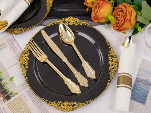 Nervure 175PCS Blue and Gold Plastic Plates & Pre Rolled Napkins with Plastic Cutlery for 25 Guests Gold Disposable Plates 75 Gold Plastic Silverware, 25Cups, 25Napkins for Wedding & Party