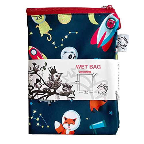 FLOCK THREE Washable and Reusable Wet Bag Diaper Bag Water Resistant Swimming Bag Travel Toiletries Pouch Floral Design 12.6'' x 16.5''