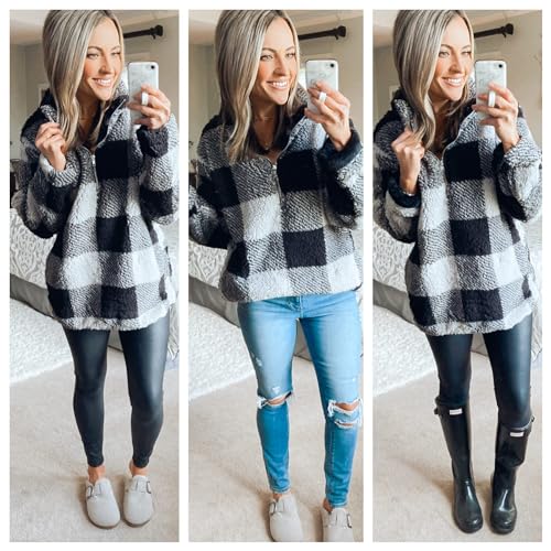 ZESICA Women's Plaid Long Sleeve Zipper Sherpa Fleece Sweatshirt Pullover Jacket Coat with Pockets,Black,Small