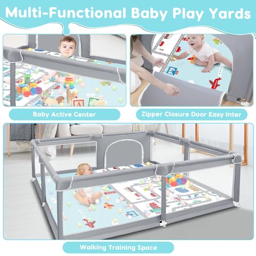 Fshibila 50" ×50" Baby Playpen, Baby Playard for Babies and Toddlers, Baby Fence Play Pens for Indoor & Outdoor, Sturdy Safety Play Yard with Soft Breathable Mesh, Anti-Fall, Grey