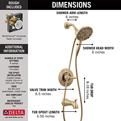 Delta 144840-CZ-I (Valve Included) Arvo 14 Series Single-Handle Tub Trim Kit Faucet with 4-Spray In2ition 2-in-1 Dual Hand Held Shower Head with Hose, Champagne Bronze