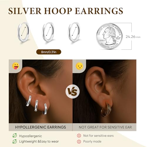 Gokeey Small Cartilage Hoop Earrings Set for Women，Cute Huggie helix hoop earring for Women，Hypoallergenic Silver Titanium Earring Sets for Multiple Piercing Jewelry Gift (THK 1.6MM)