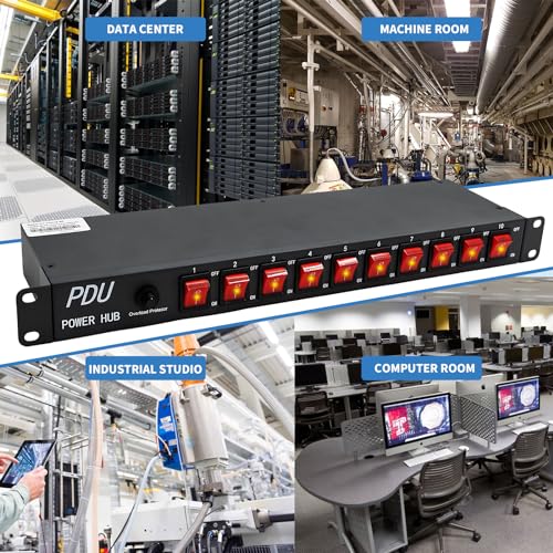 CENTROPOWER PDU Power Strip，10 Outlet Surge Protector-1800 Joules，10 Front Switch Control，1U Rack Mount.100V- 240V/15A.