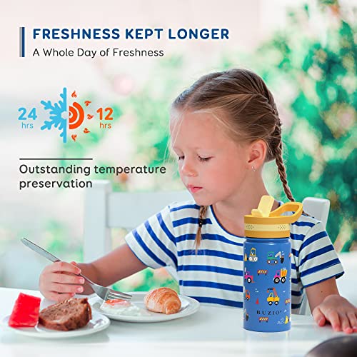 BUZIO Kids Water Bottle with Straw Lid, Modern Vacuum Insulated Hydro Bottle with 2 Straw Lids, 18oz Stainless Steel Wide Mouth Kids Tumbler, Double Wall Leak Proof Toddler Water Bottle for School