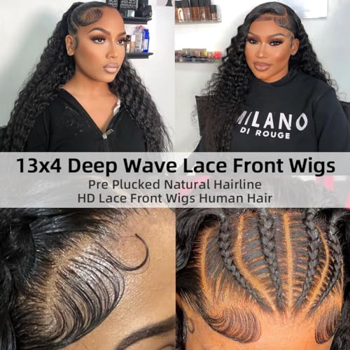 HIGUM 13x4 Deep Wave Lace Front Wigs Human Hair HD Transparent Deep Curly Lace Front Wigs Human Hair 180% Density Frontal Glueless Wigs for Women Human Hair Pre Plucked with Baby Hair (24 Inch)