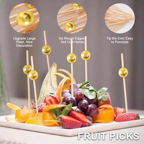 ME.FAN 100 Pcs Cocktail Picks,4.7 Inch Food Toothpicks for Appetizers/Bamboo Cocktail Skewers/Long Toothpicks for Fruit, Dessert, Hamburger - Gold Pearl