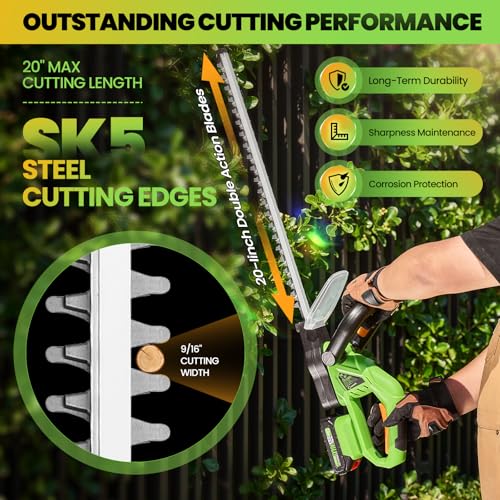 Saker Cordless Hedge Trimmer, 20” 22V Electric Bush Trimmer Handheld Shrub Trimmer, Lightweight Hedge Clippers with Dual-Action Blades, 9/16" Cutting Capacity, 1 Battery and Charger Included
