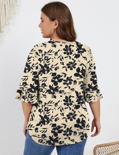Micoson Womens Dressy Tops Plus Size Casual 3/4 Sleeves Loose Tunic Tops V Neck Pleated Front Plain Work Blouses Shirt, Green XL
