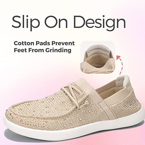 BELOS Women's Rhinestone Lace Up Loafers Shoes Comfortable Slip On Mesh Knit Walking Shoes Fashion Lightweight Sparkly Glitter Sneaker(Beige,7