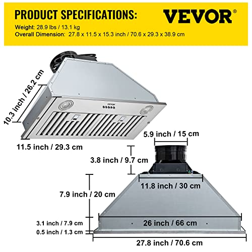 VEVOR Insert Range Hood, 800CFM 3-Speed, 30 Inch Stainless Steel Built-in Kitchen Vent with Push Button Control LED Lights Baffle Filters, Ducted/Ductless Convertible, ETL Listed…