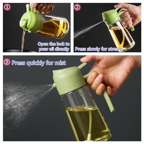 Wsaikis Oil Sprayer for Cooking,2 in 1 Glass Olive Oil Sprayer and Oil Dispenser14.5oz/430ml Oil Spray Bottle (Green)