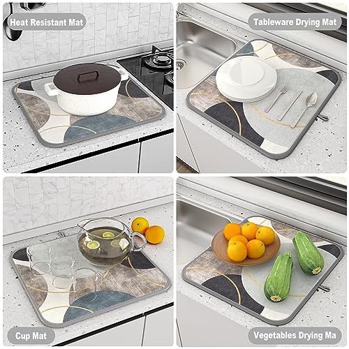 Rnivvi Dish Drying Mat, 16x18" Marble Style Microfiber Drying Mat for Kitchen Counter, Absorbent Dish Drying Pad for Washing Dishes, Cute Counter Dish Rack Mats with Hanging Loop, Abstract Art Circle