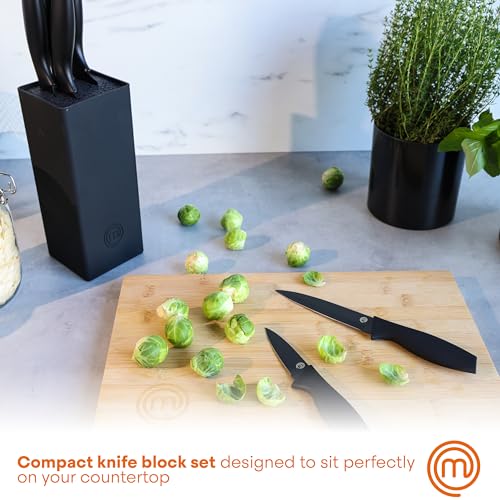 MasterChef Kitchen Knife Set with Covers, 6 Professional Chef Knives for Home Kitchens, Extra Sharp Cutting Stainless Steel Blades & Protective Sheaths, Soft-Touch Easy-Grip Handles, Essential Black