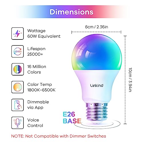 Linkind Smart Light Bulbs, WiFi Light Bulbs work with Alexa & Google Home, RGBTW Color Changing Light Bulb with APP Control, 9W LED Smart Bulb equivalent 60W, A19 E26 Alexa Light 2.4Ghz 800LM Dimmable