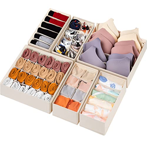 6 Pack Sock Underwear Drawer Organizer Dividers, 58 Cell Foldable Fabric Dresser Closet Organizers and Storage Bins for Clothing, Baby Clothes, Bra, Panty, Scarf, Ties (Beige)