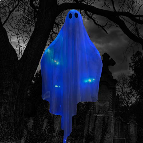 JOYIN Halloween Hanging Light up Ghost with Spooky Blue LED Light, 47” White Hanging Ghosts, Halloween Hanging Decoration for Front Yard Patio Lawn Garden Party Decor Indoor Outdoor