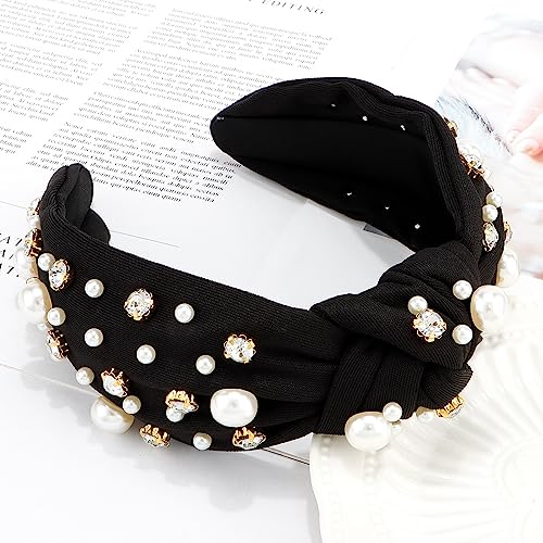 Atoden Black Wide Top Knot Headband with Pearl Rhinestone for Women's Hair Embellished Headbands Non Slip Sparkly Hair Bands Fashion Hair Accessories