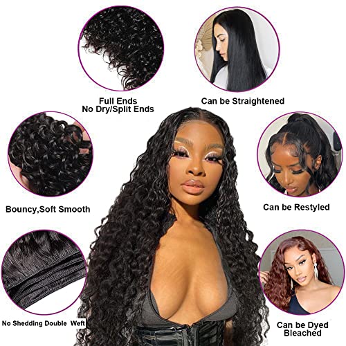 Water Wave Bundles Human Hair 12A Brazilian Virgin Hair Wet and Wavy Curly 3 Bundles 18 20 22 Inches 100% Unprocessed Deep Curly Bundles Human Hair for Women Natural Black Color Hair Extension