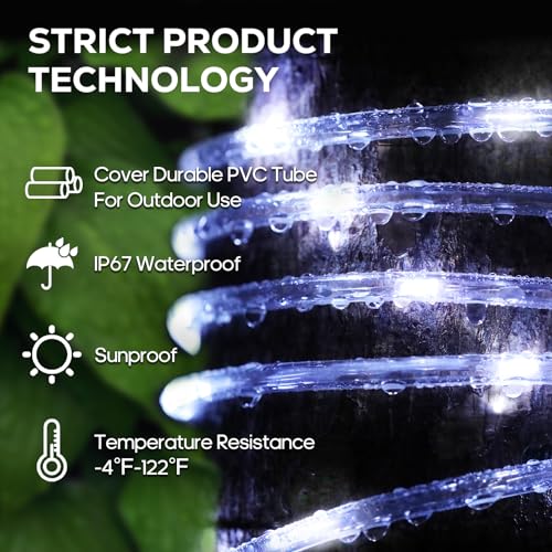 ICRGB Solar Rope Lights, 39FT 120LED Outdoor Solar Powered String Lights, IP67 Waterproof, 8 Modes, Dimmable and Timer, Remote Control Solar Lights for Outside Patio Porch Garden Pool Decor, White