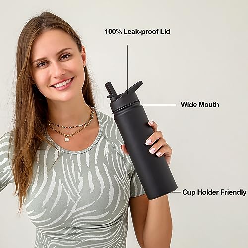 mininoo Insulated Stainless Steel Water Bottle with Straw and Lid for Sports, 24 oz, Black