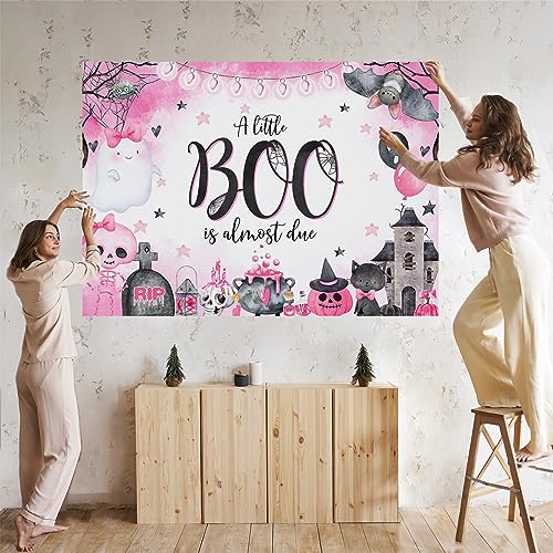 Mocsicka Halloween Baby Shower Backdrop for Girl Cute Spooky Ghost Boo Pumpkin Background A Little Boo is Almost Due Trick or Treat Party Decoration Photo Booth Props (Pink, 7x5ft(82''x60''))