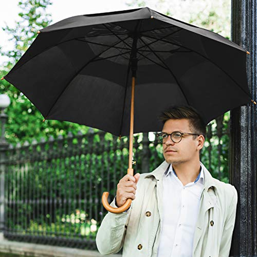 The Vented Urban Brolly 48" Arc Automatic Open Large Windproof Golf Umbrella, Classic Umbrella with Wooden J Handle, Vintage Style Lightweight Long Curved Handle Umbrella for Rain - Black