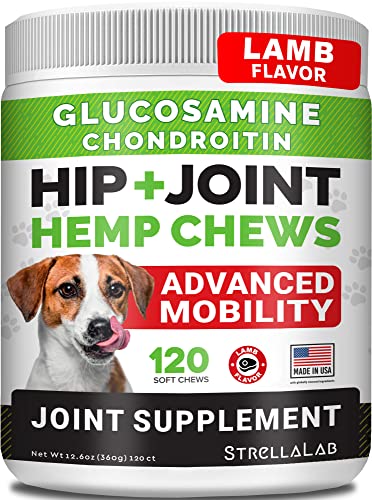 Advanced Hemp + Glucosamine Dog Joint Supplement - Hip Joint Pain Relief - Mobility Hemp Chews for Dogs - Chondroitin, MSM, Omega - Hemp Oil Treats - Made in USA - Lamb Flavor - 120 Hemp Treats