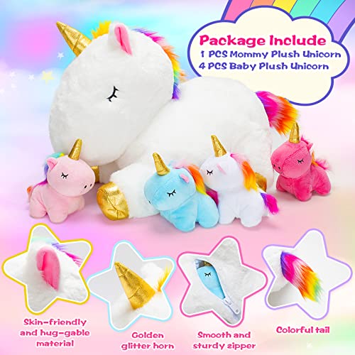 KMUYSL Toys for Girls Ages 3 4 5 6 7 8+ Years - Unicorn Mommy Stuffed Animal with 4 Baby Unicorns in Her Tummy, Soft Unicorn Plush Toys Set, Christmas Birthday Gifts for Baby, Toddler, Kids