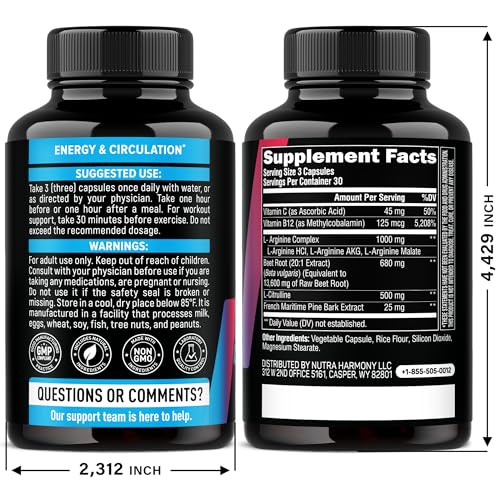Nitric Oxide Supplement for Men & Women 2250 mg - Nitric Oxide Booster - Pine Bark | L-Arginine | L-Citrulline | Beet Root | Vitamin C & B12 - Muscles, Energy & Circulation - Made in USA, 90 Capsules