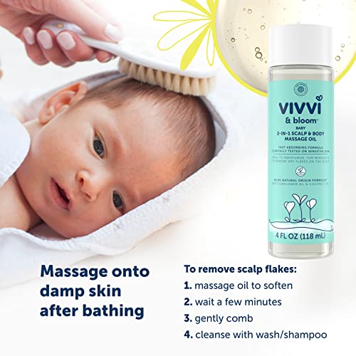 VIVVI & BLOOM Gentle 2-in-1 Baby Scalp & Body Massage Oil, Fast Absorbing Formula Ideal to Moisturize, for Massage to Remove Dry Flakes on Scalp, Hypoallergenic, 4 fl. Oz