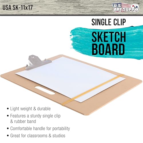 U.S. Art Supply 11" x 17" Artist Sketch Tote Board - Lightweight Hardboard Drawing Board with Handle, Clip & Rubber Band for Art, Sketching, Travel, Studio