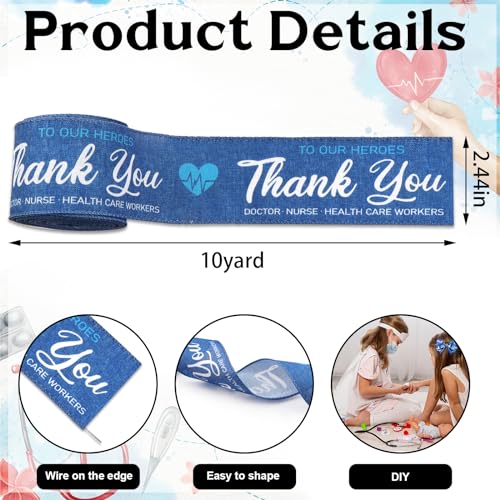 Threetols Healthcare Heroes Wired Edge Ribbons 2.5" 10 Yards, Blue Wired Edge Decor Wrapping Ribbon Thank You Doctor Nurse Burlap Fabric Craft Ribbon for Hospital Party DIY Craft Wreath Bow Decor